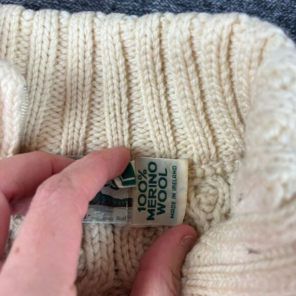 Aran Crafts 100% Wool Cable Chunky Knit 1/4 Zip Sweater Mock Neck Cream L *Read - Picture 10 of 15
